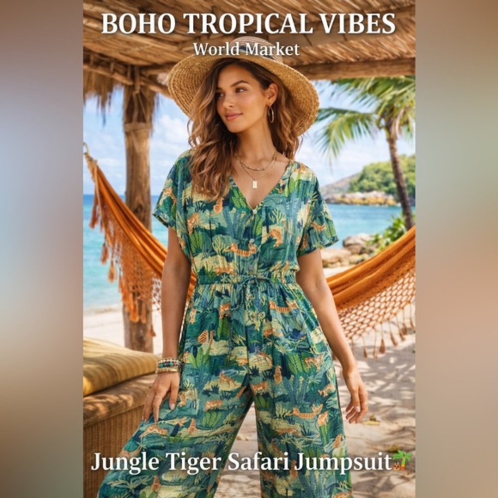 World Market Jungle Tiger Print Jumpsuit L/XL Boho Safari Tropical Wide Leg
